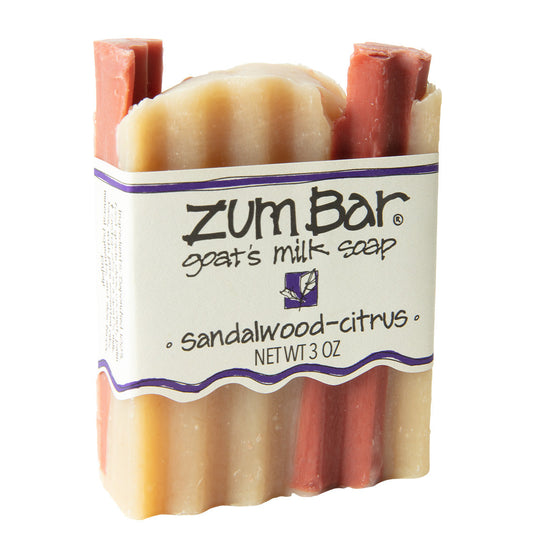 Labeled sandalwood-citrus scented Zum Bar Soap with cream and red coloring