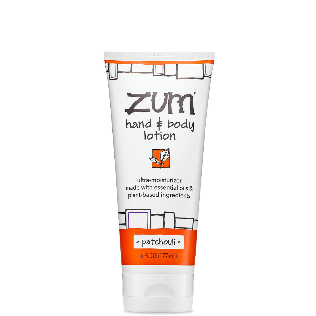 White Squeeze tube with orange and black design that contains patchouli scented hand and body lotion.